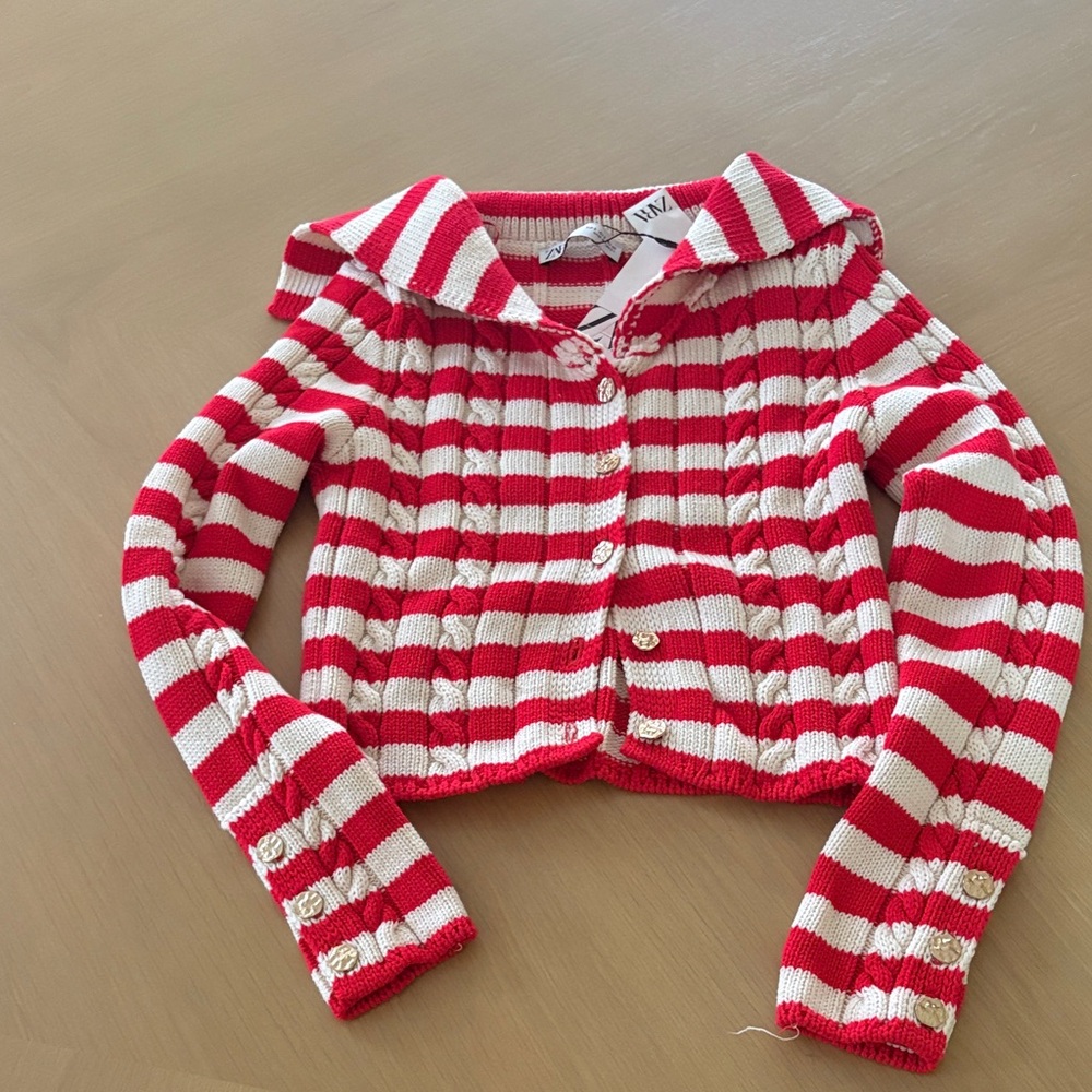 Zara Red and White Striped Cropped Knit Cardigan